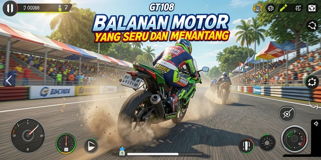Tampilan gameplay GT108 yang menegangkan dan seru saat balapan motor.
