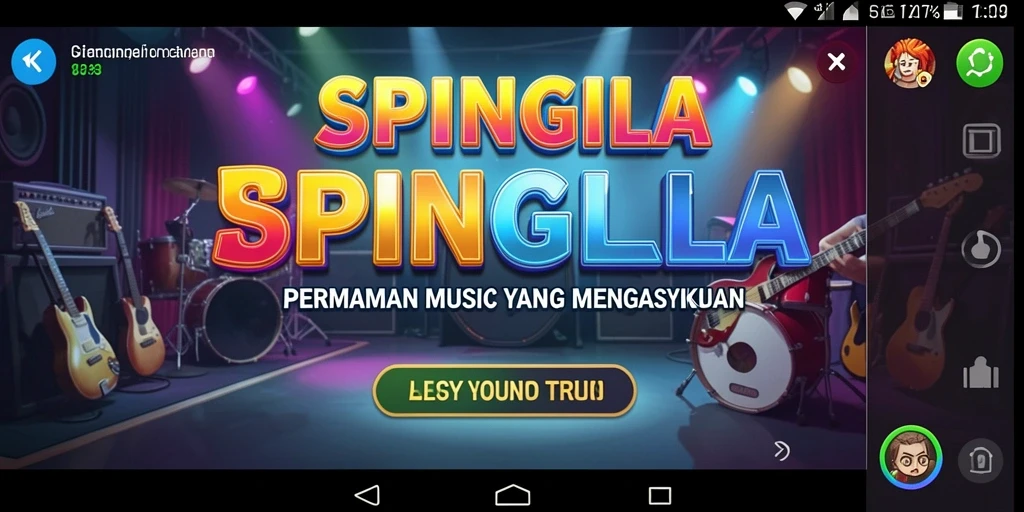 Tangkapan layar gameplay SPINGILA dengan tampilan lagu dan tantangan.