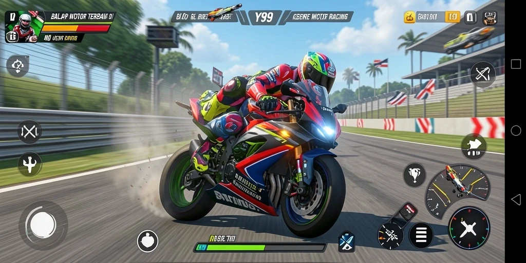 Gameplay Y89 menampilkan balapan motor yang seru dan intens.